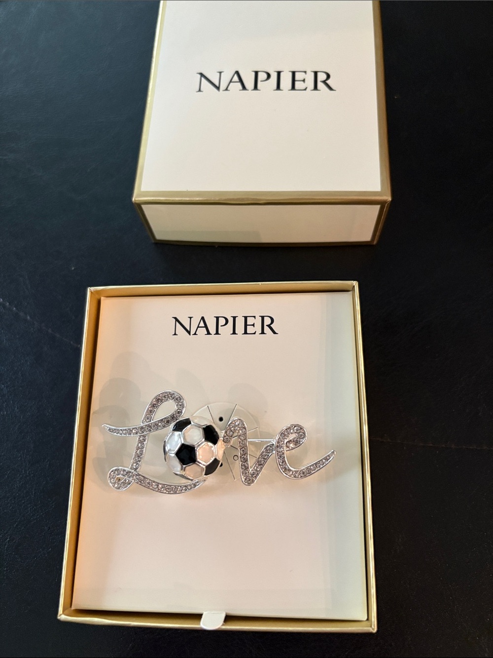 Napier Silver-tone "Love" Brooch with Black & White Enamel Soccer Accent